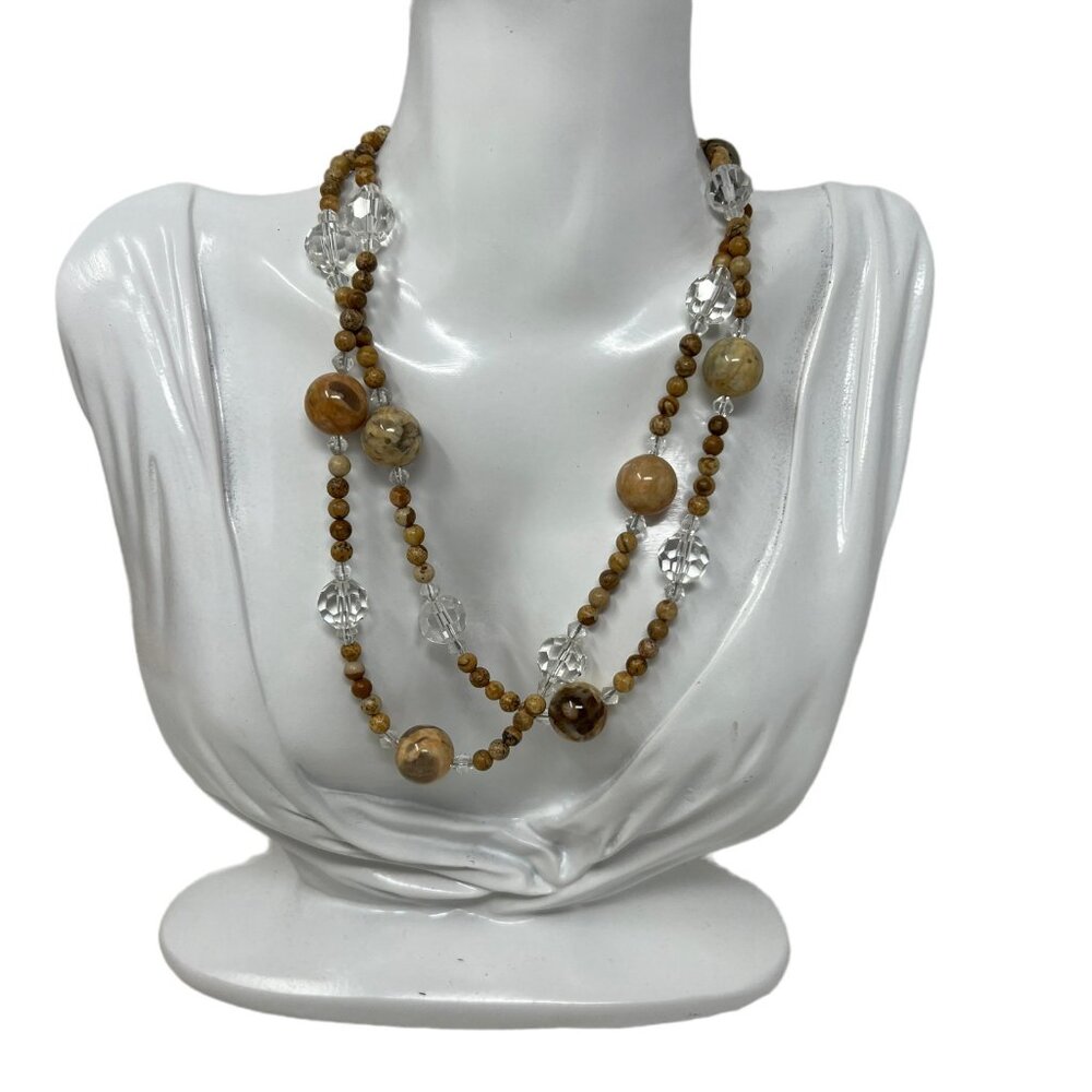 Jasper and Crystal Beaded Necklace Silver Tone 29‎ inch